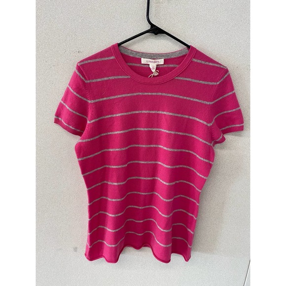 C. Cashmere Short Sleeve Pink and Gray Striped Sweater Size L - Picture 1 of 4